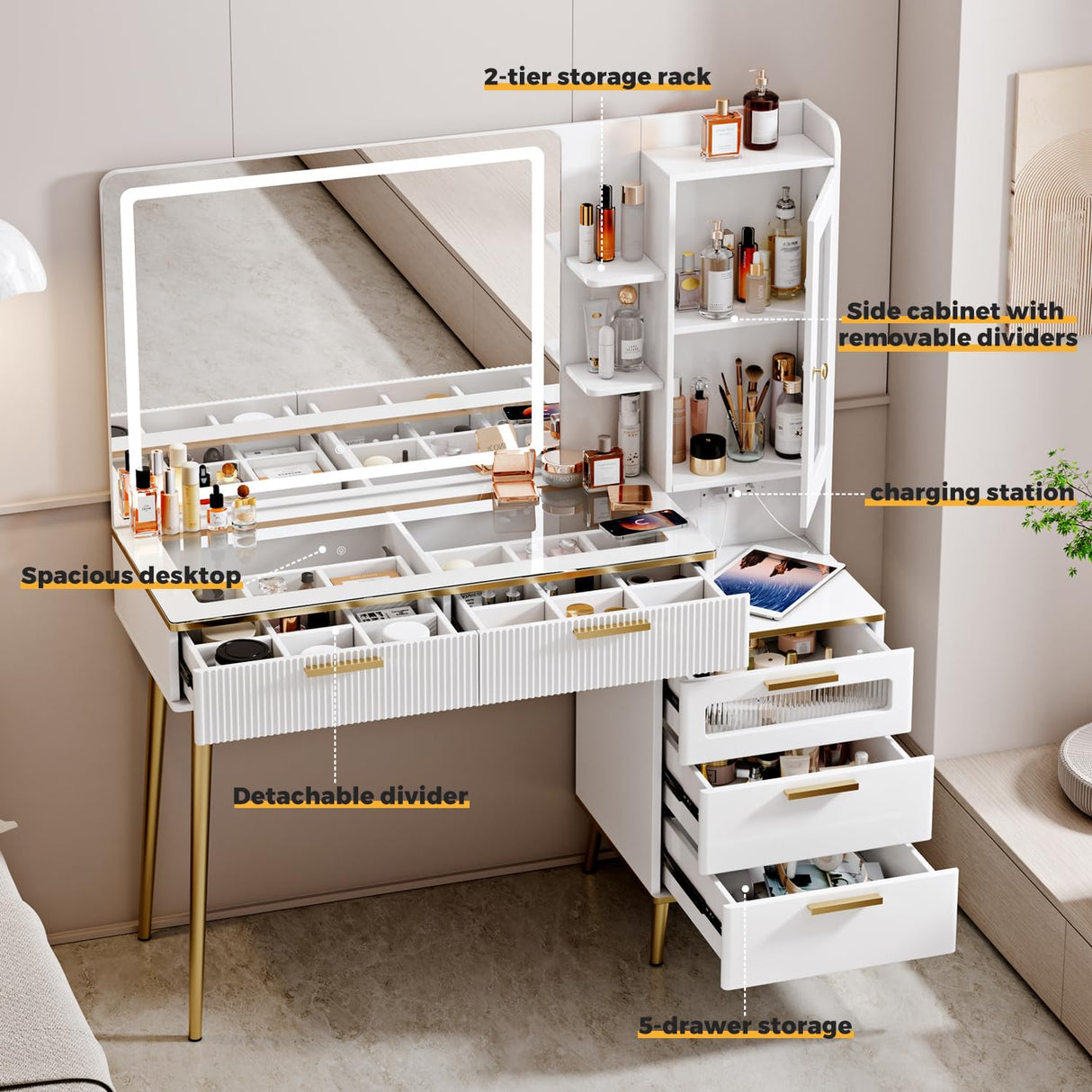 Arulvmrn Makeup Vanity Desk with Mirror and Lights, 48" Big Modern Vanity Desk with 5 Drawers & Shelves, Dressing Table with Charging Station, Glass Top Vanity Table for Bedroom,White Arulvmrn