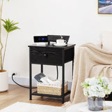 AMHANCIBLE Night Stand, Black Nightstand Set of 2, Small End Tables Living Room with Charging Station, Slim Bed Side Table with Fabric Storage Drawer for Bedroom, Small Space, HET03SDPBK AMHANCIBLE