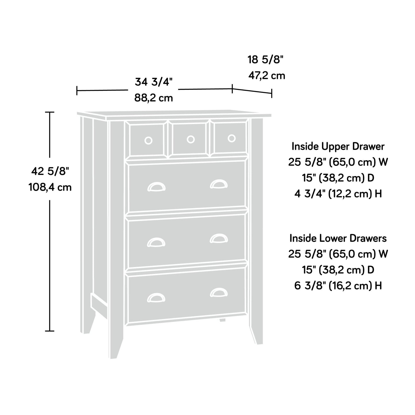 Sauder Shoal Creek 4-Drawer Dresser, L: 34.72" x W: 18.58" x H: 42.68", Soft White finish - WoodArtSupply