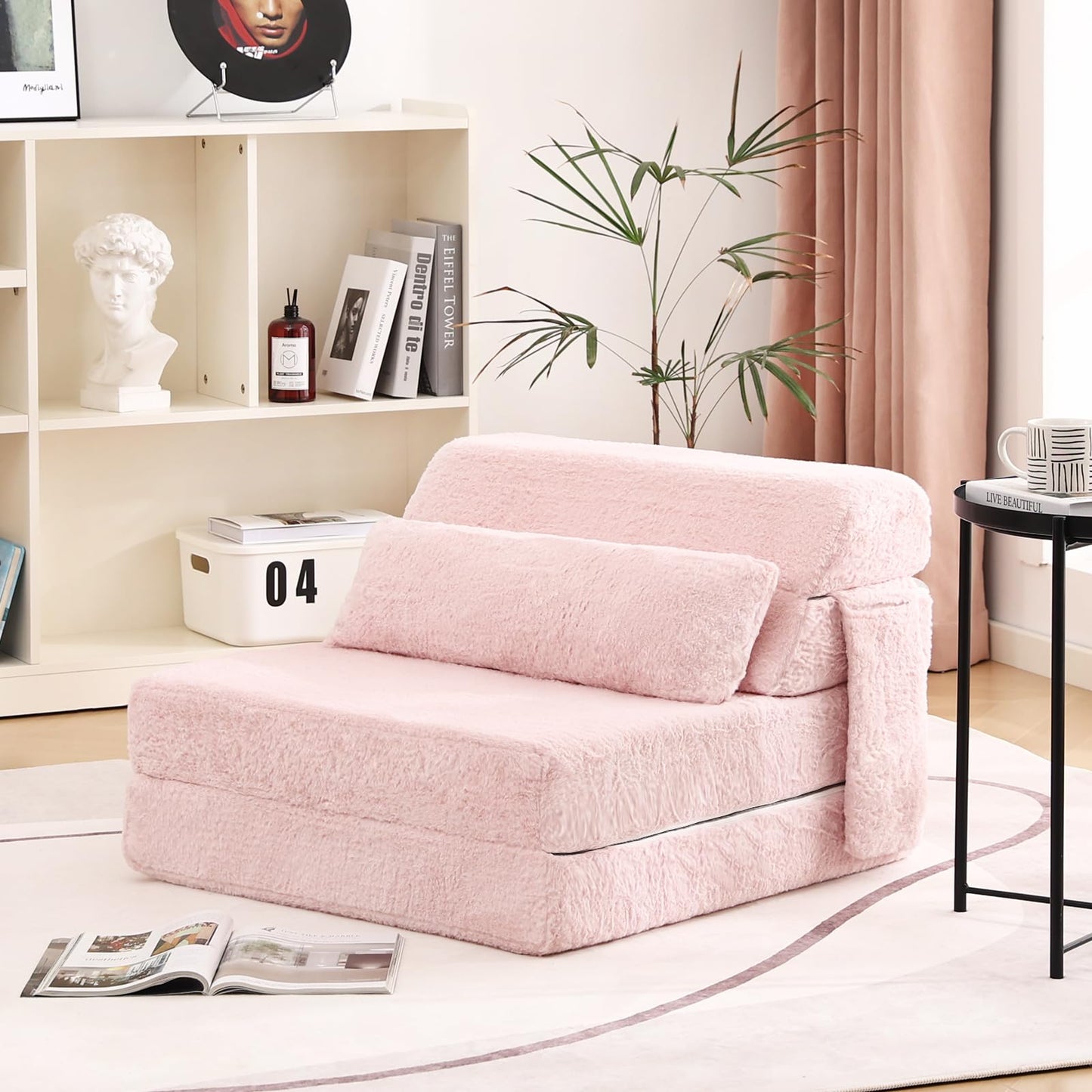 Tiita Folding Sofa Bed with Pillow Single Size Mattress&Plush Fabric with Portable Storage Bag,Floor Lounger Chair Bed for Living Room,Guest Room,Dorm,Apartment,Upstairs Loft,Home Office,Pink