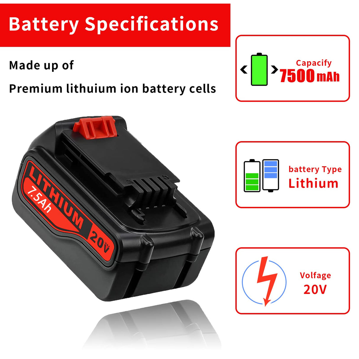 BATTOOL Upgraded 7500mAh 20V LBXR20 Replacement Battery for Black and Decker 20V Lithium Battery LB20 LBX20 LBXR2020-OPE LBXR20B-2 LBX4020 BATTOOL