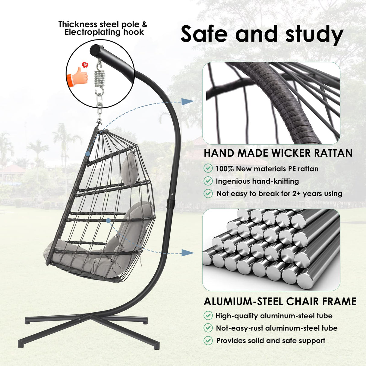 Egg Swing Chair with Stand Hanging Egg Chair Outdoor - Rattan Wicker Patio Hanging Basket Chair Hammock Chair with Aluminum Steel Frame and UV Resistant Cushion for Indoor Bedroom Balcony (Grey) XIAO WEI
