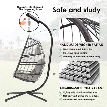 Egg Swing Chair with Stand Hanging Egg Chair Outdoor - Rattan Wicker Patio Hanging Basket Chair Hammock Chair with Aluminum Steel Frame and UV Resistant Cushion for Indoor Bedroom Balcony (Gr - WoodArtSupply