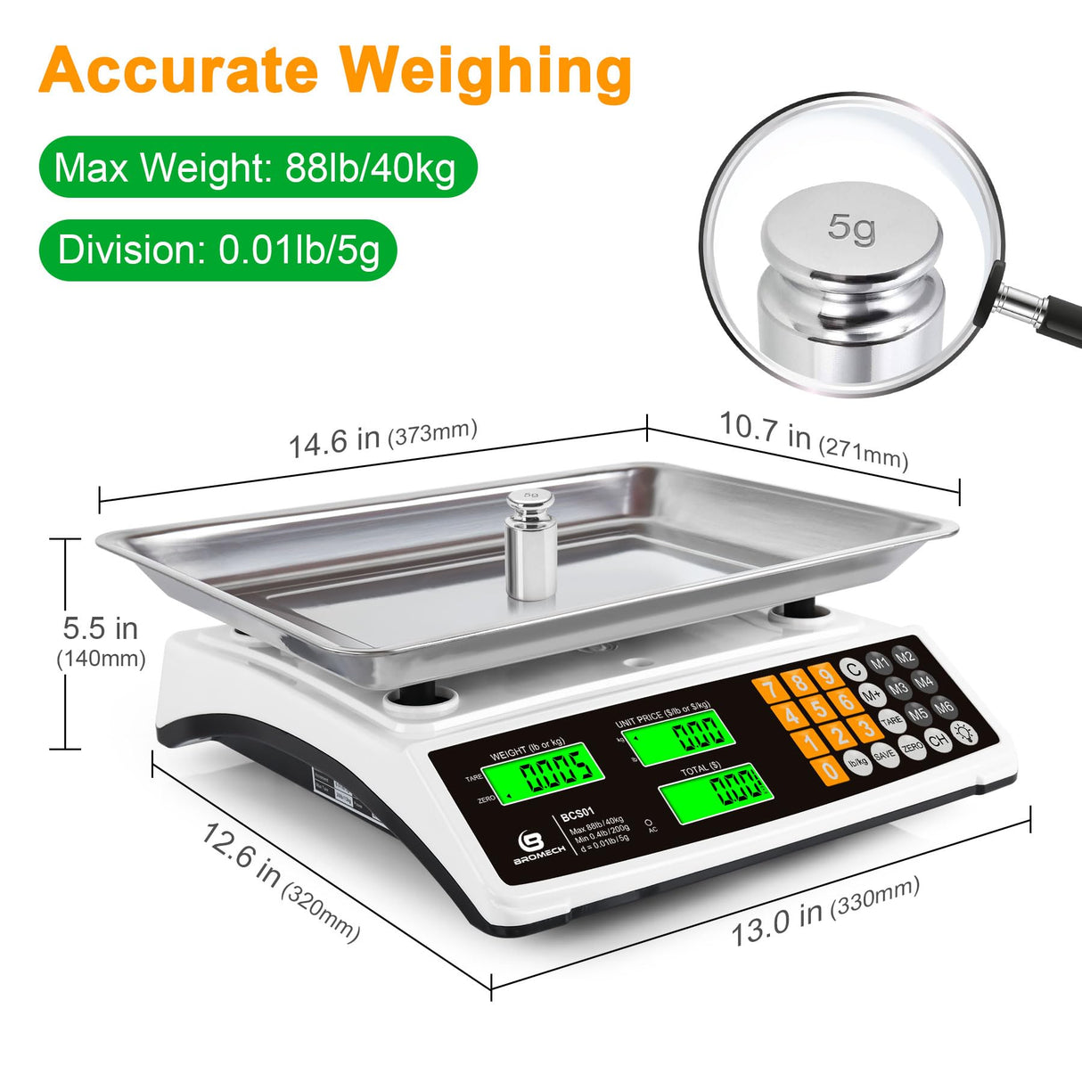 Price Computing Scale 88lb/40kg Commercial Food Scale for Produce Meat with Stainless Steel Large Platform, LCD Display, and Green Bright Backlight for Farmers Markets, Deli, （Not for Trade） BROMECH