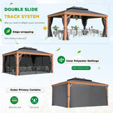 EROMMY 12' x 16' Hardtop Gazebo Outdoor Aluminum Wood Grain Gazebos with Galvanized Steel Roof and Mosquito Net for Patios, Deck, Backyard, Curtains&Netting EROMMY