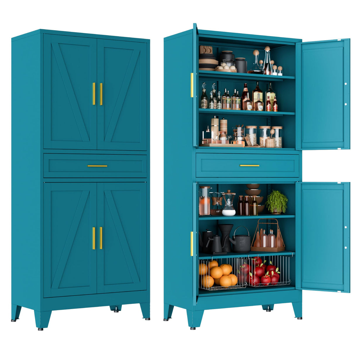 LCAOPC 71" Tall Pantry Storage Cabinet with Drawer and Adjustable Shelves, Freestanding Tall White Kitchen Cupboard Storage Cabinet for Kitchen,Dining Room, Living Room, Blue LCAOPC