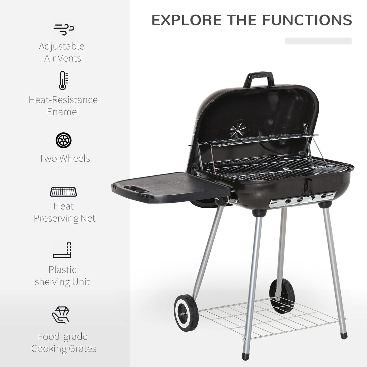 Outsunny Portable Charcoal Grill with Foldable Side Shelf and Bottom Shelf, BBQ Smoker with Wheels and Adjustable Vents on Lid for Picnic Camping Backyard Cooking, Black Outsunny