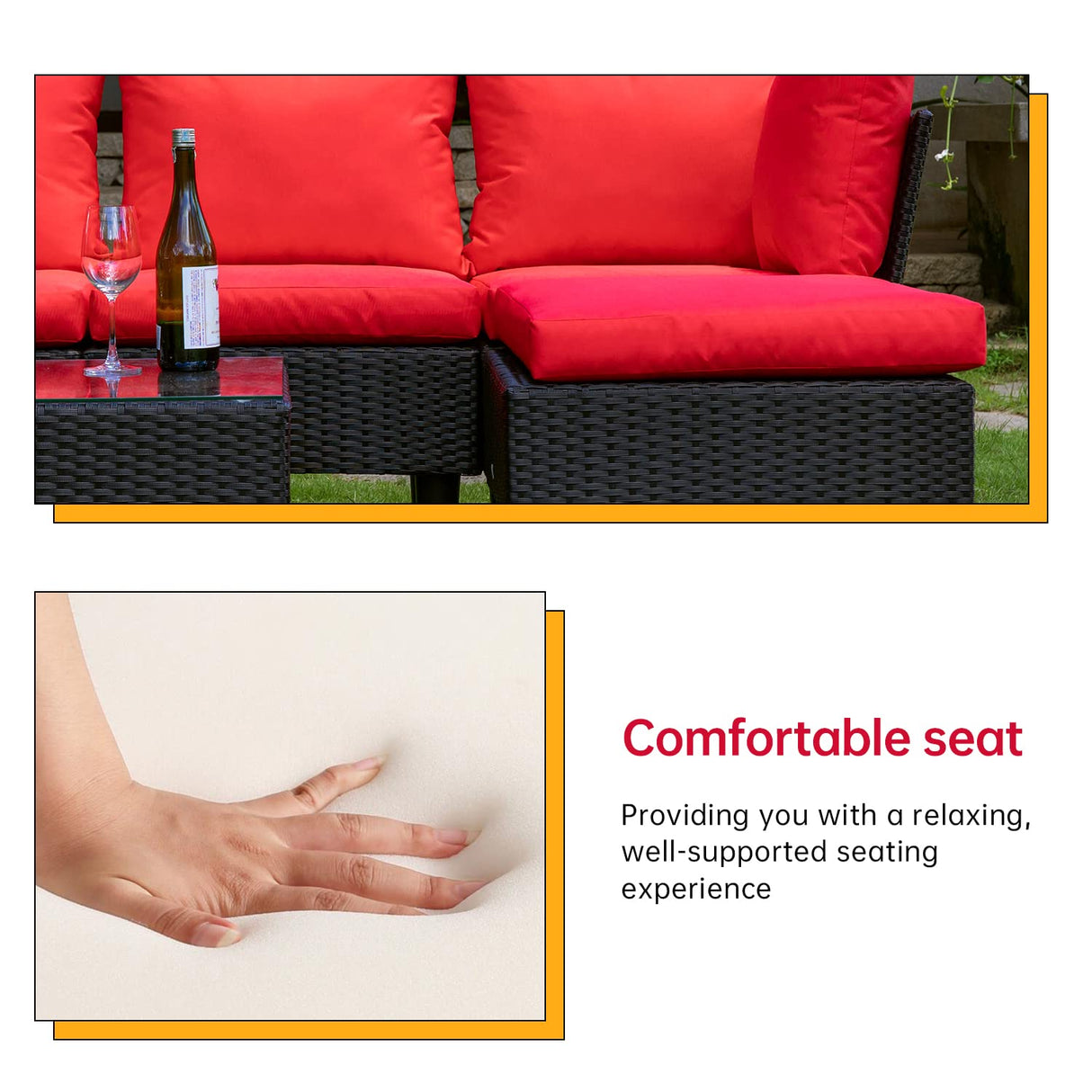 FDW Patio Furniture Sets 5 Pieces Outdoor Wicker Conversation Set Sectional Sofa Rattan Chair for Outdoor Backyard Porch Poolside Balcony Garden Furniture with Coffee Table,Red Cushion FDW