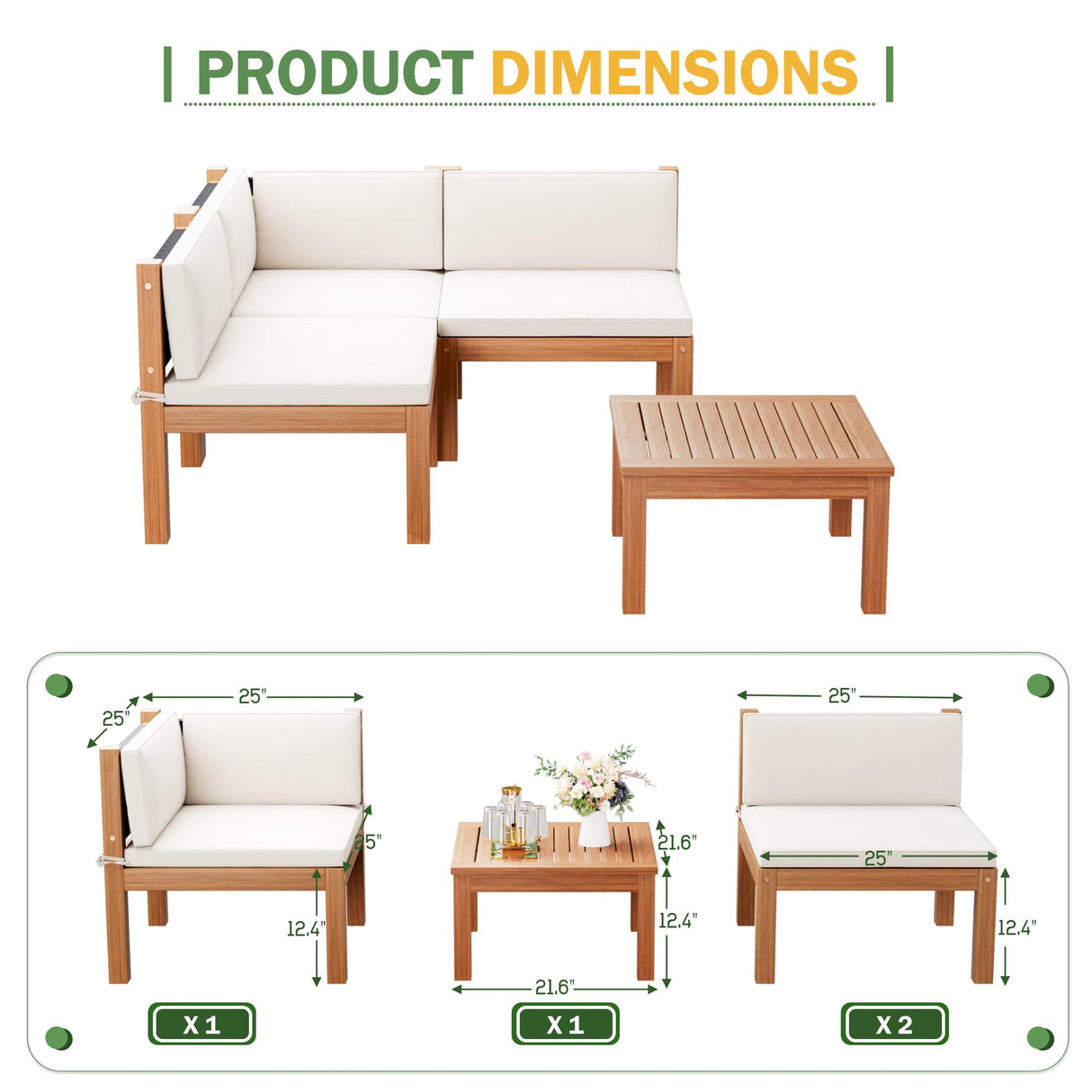 Devoko 4 Pieces Outdoor Sectional Couch Patio Sectional Sofa with Acacia Wood Coffee Table, Outdoor L-Shaped Couch with All-Weather Cushion for Patio,Deck,Backyard(White) Devoko