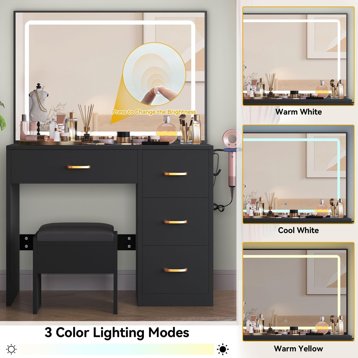 DWVO Makeup Vanity Desk Set with Large LED Mirror, Adjustable Brightness, and Cushioned Stool, Vanity Table with 4 Drawers for Bedroom, Dressing Room, Women