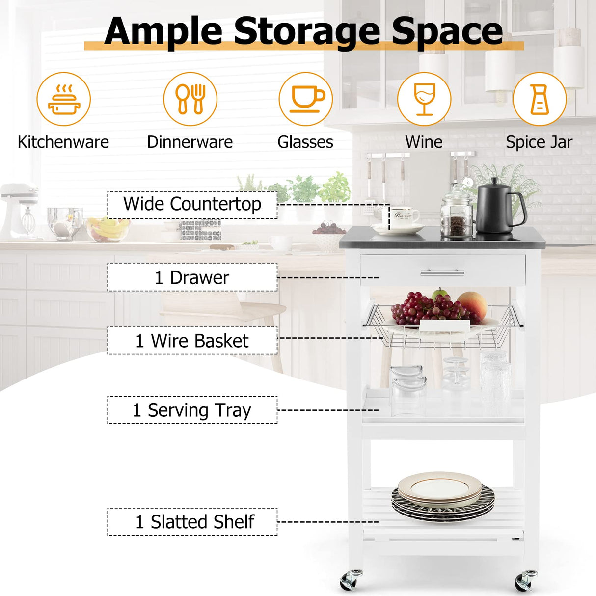 GOFLAME Kitchen Island Cart with Drawer, Rolling Kitchen Cart on Wheels with Stainless Steel Countertop, Metal Basket, Serving Tray, Lockable Casters, Utility Trolley Cart for Dining Room, White GOFLAME