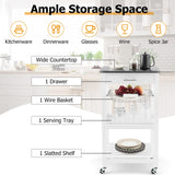 GOFLAME Kitchen Island Cart with Drawer, Rolling Kitchen Cart on Wheels with Stainless Steel Countertop, Metal Basket, Serving Tray, Lockable Casters, Utility Trolley Cart for Dining Room, White GOFLAME