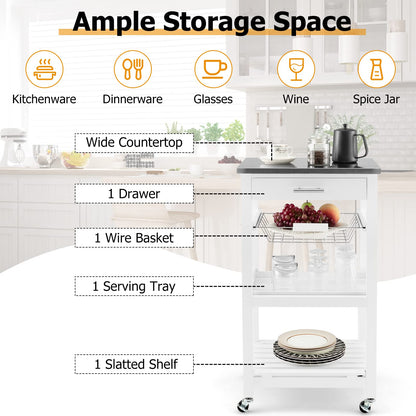 GOFLAME Kitchen Island Cart with Drawer, Rolling Kitchen Cart on Wheels with Stainless Steel Countertop, Metal Basket, Serving Tray, Lockable Casters, Utility Trolley Cart for Dining Room, White
