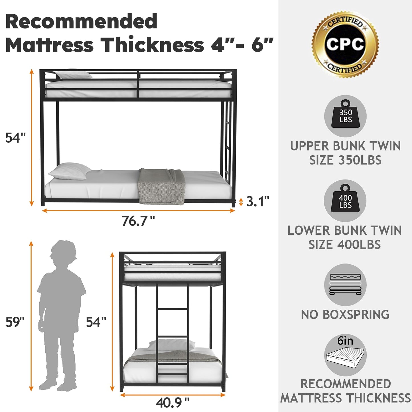 Zevemomo Twin Over Twin Bunk Bed, Metal Low Profile Bunkbeds with Full-Length Guardrail and Ladder, Space Saving, No Boxing Spring Needed, Black