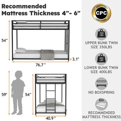 Zevemomo Twin Over Twin Bunk Bed, Metal Low Profile Bunkbeds with Full-Length Guardrail and Ladder, Space Saving, No Boxing Spring Needed, Black