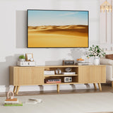 Buenhomino TV Stand for TVs Up to 75 Inches, Boho Entertainment Center Wood TV Stand with Fluted Sliding Doors & Shelves, TV Console Table Media Cabinet with Storage for Living Room Bedroom, Natural Buenhomino