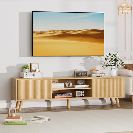 Buenhomino TV Stand for TVs Up to 75 Inches, Boho Entertainment Center Wood TV Stand with Fluted Sliding Doors & Shelves, TV Console Table Media Cabinet with Storage for Living Room Bedroom, Natural Buenhomino