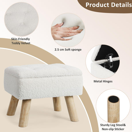 OGEMXU Ottoman Foot Rest, White Teddy Foot Stool with Storage for Dorm, Small Foot Stools with Wood Legs, Rectangular Foot Rest for Chair, Living Room, Couch, Bedroom (Cream) OGEMXU