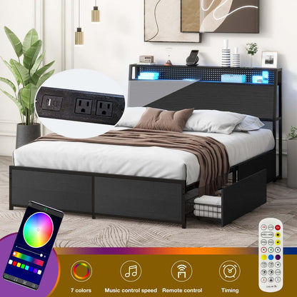 EtherealZYF Black Queen Bed Frame with LED Headboard, Charging Station & 4 Storage Drawers - WoodArtSupply