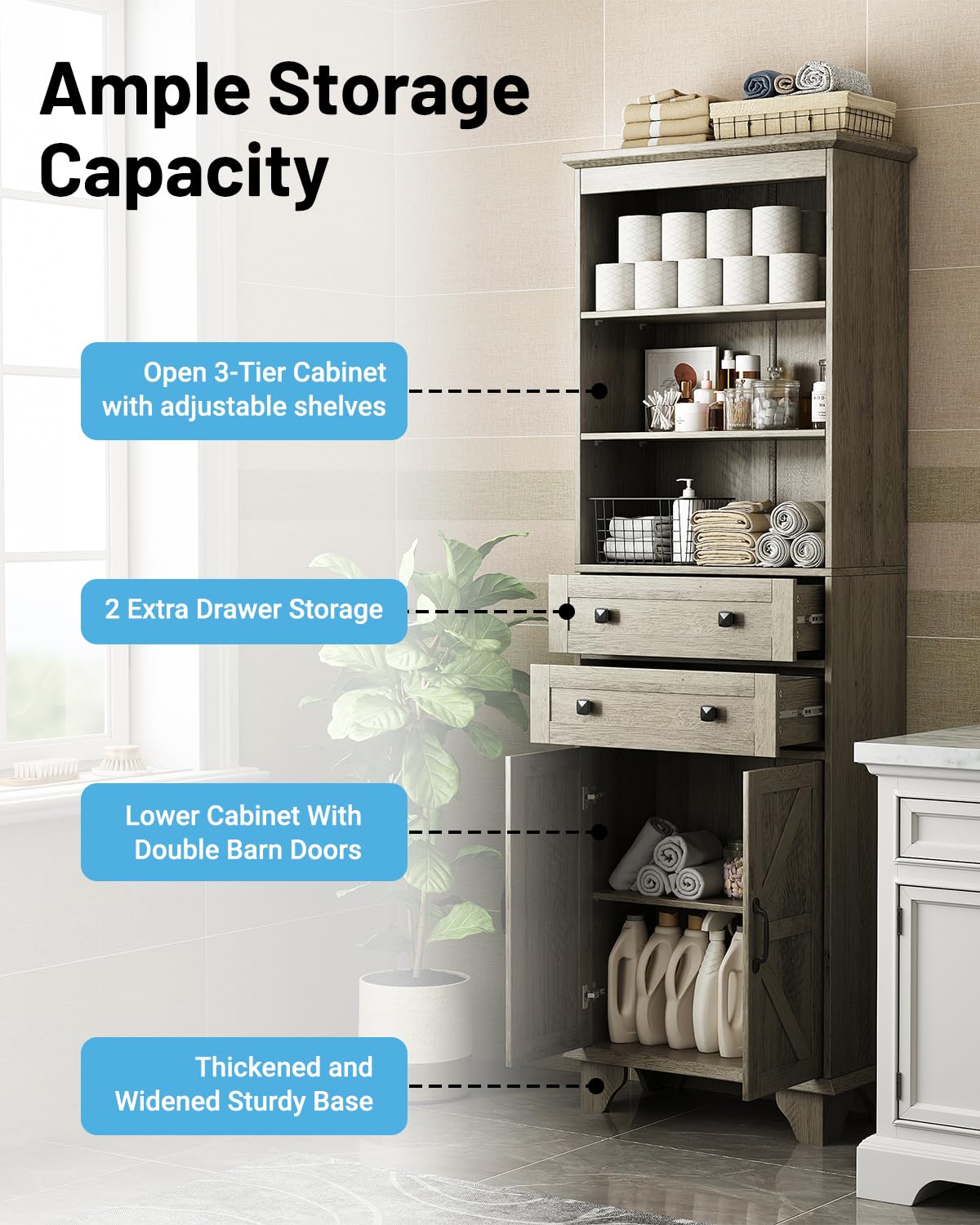 Seeday 72" Farmhouse Bathroom Storage Cabinet, Tall Kitchen Pantry Cabinet with 2 Drawers, Adjustable Shelves and Barn Door, Storage Cabinet for Bathroom, Living Room, Kitchen, Grey Seeday