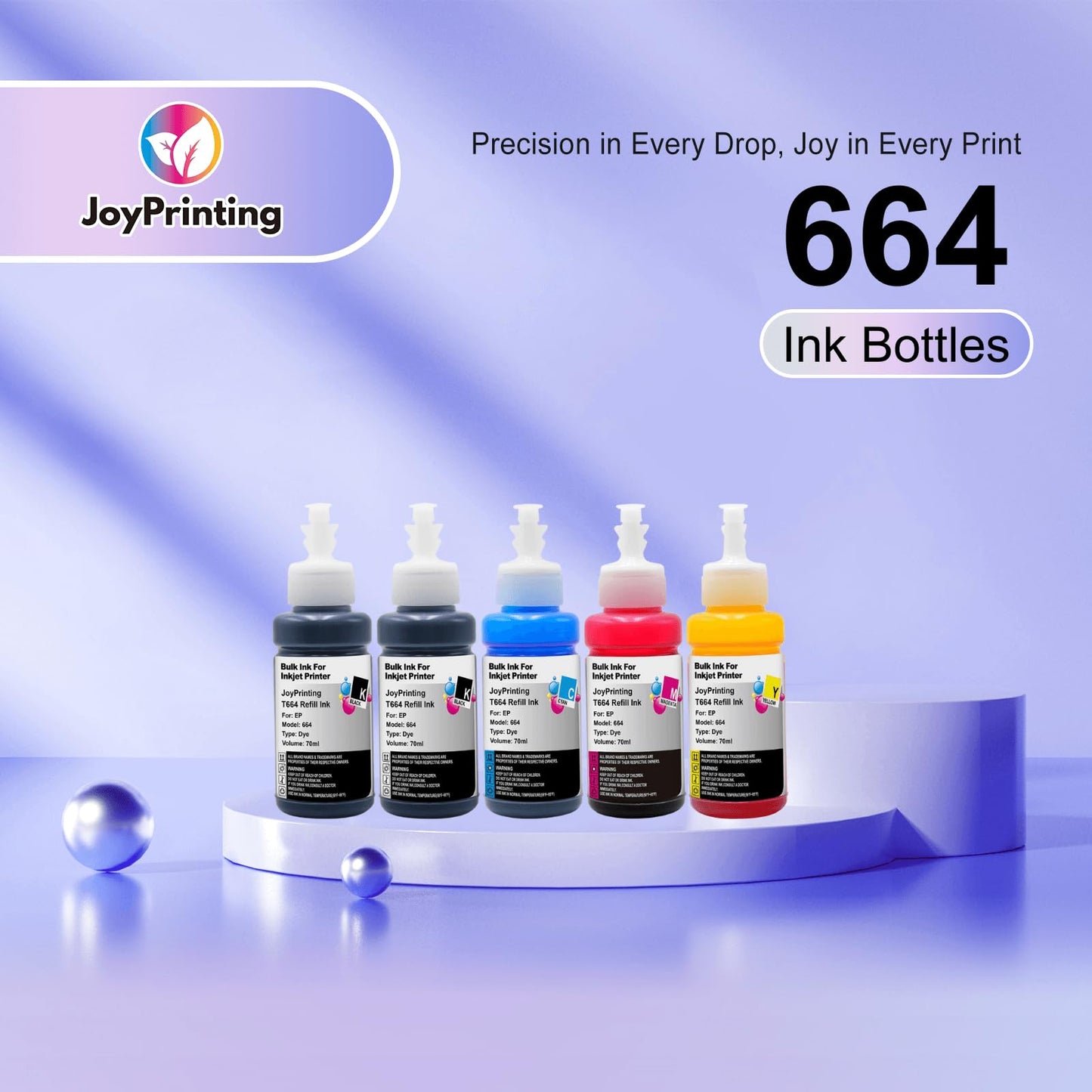 JoyPrinting 664 Ink Refill Bottles Replacement for T664 Ink Work for ET-2650 ET-2500 ET-2550 ET-2600 ET-4500 ET-3600 ET-16500 L100 L110 L120 L200 L210 L300 L350 L355 L550 L555 Printers (5 Pack)