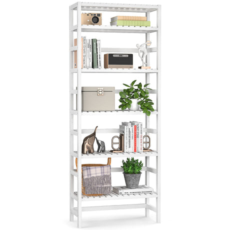 Homykic 6-Tier Adjustable Bamboo Bookcase - 63.4” Tall White Free Standing Storage Shelf Homykic