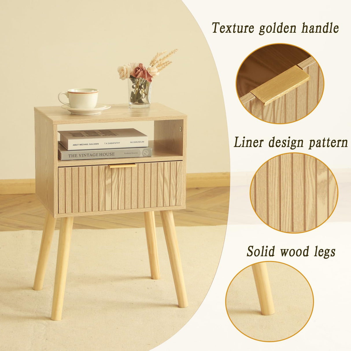 Nightstand with Charging Station, Wood Bedside Table with Drawer, Modern End Table for Bedroom and Small Spaces, Solid Wood Legs, Easy Assembly, Natural MaxSmeo
