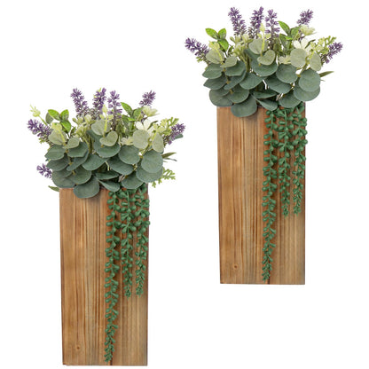 Wood Wall Planters 2 Pack with Artificial Greenery Plants - Pocket Wall Vases for Dried Flowers - Wood Wall Decor Hanging Planters for Living Room, Bedroom, Home Decor - Brown