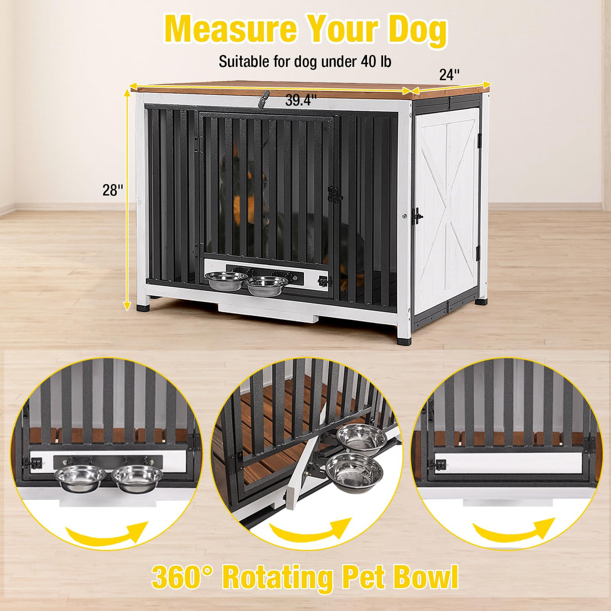 Aivituvin Dog Crate Furniture Foldable Side End Table Expandable Solid Wood Dog Kennel with 360° Rotatable Dog Bowls Indoor Cage, No Assembly Needed (Right Door) Aivituvin