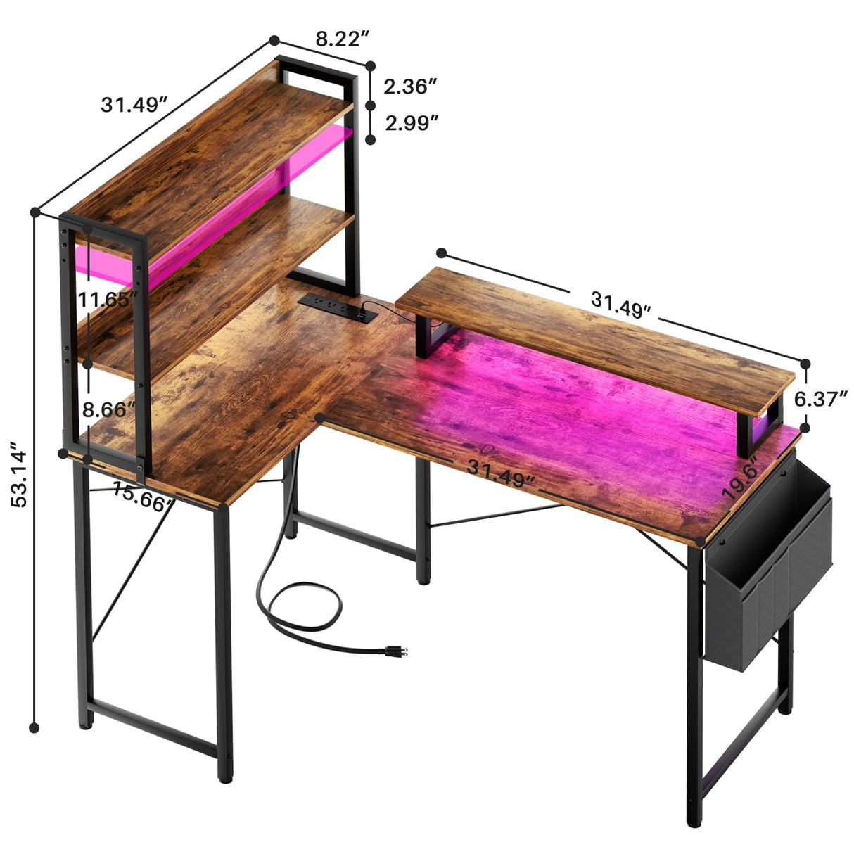 Homieasy 47 Inch Reversible L Shaped Computer Desk with Bookshelf & LED Light in Rustic Brown Homieasy