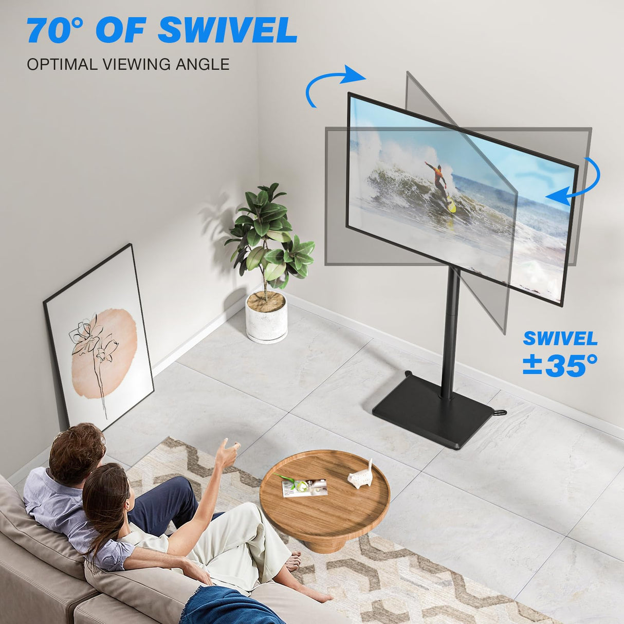 Rfiver Floor TV Stand with Wood Base for 32-60 inch Flat/Curved TVs up to 88 lbs, Swivel Height Adjustable TV Stand with Mount, Max VESA 400x400mm, Saving Space for Corner, Bedroom and Living Room Rfiver