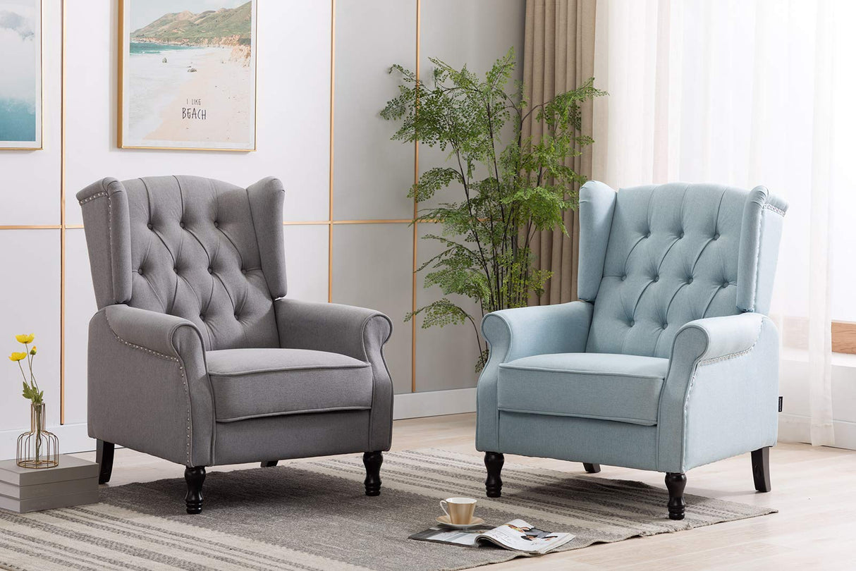 Artechworks Winged Fabric Modern Accent Chair Tufted Arm Club Chair Linen Single Sofa with Wooden Legs Comfy Upholstered for Reading Living Room Bedroom Office,Light Blue Artechworks