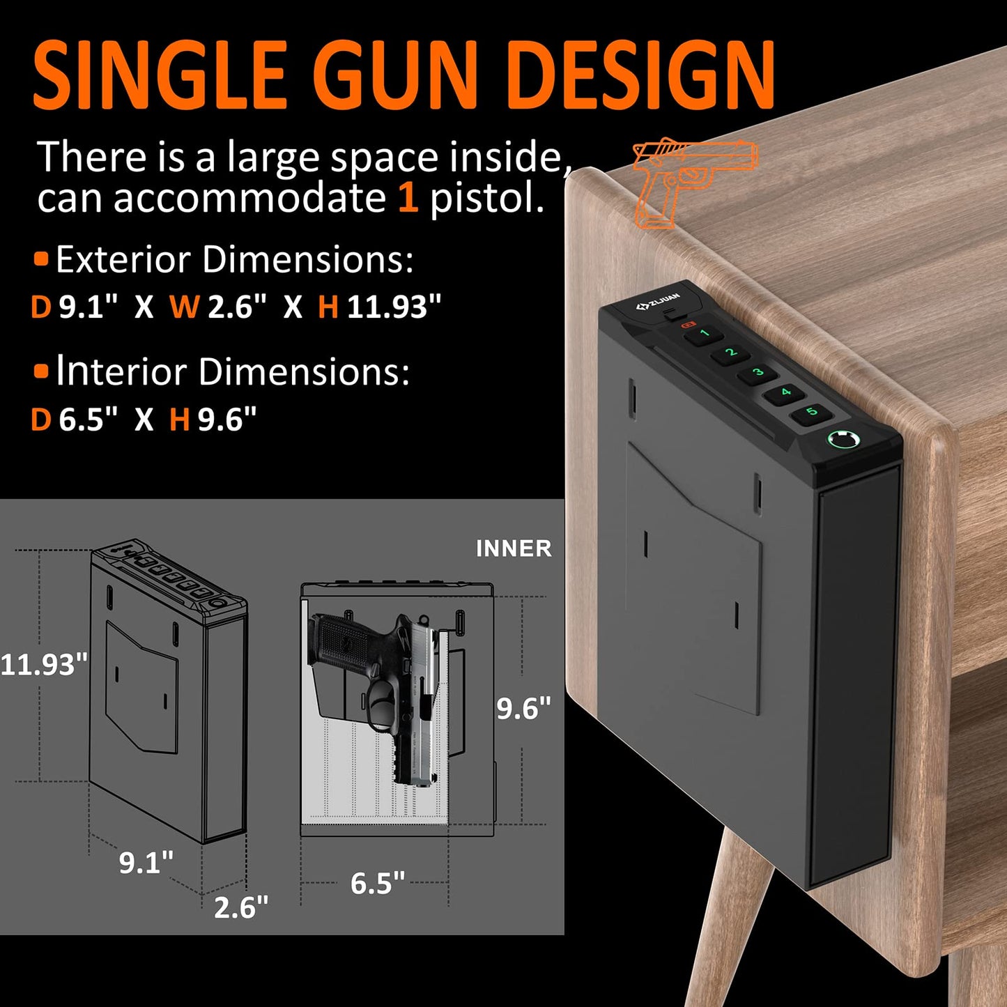 Z ZLJUAN Mounted Gun Safe for Pistols,Quick-Access Auto-Open Sliding Door Handgun Safe for Nightstand Wall Mount Bedside Desk Bed Gun Safes, Pistol Safe w/Biometric Fingerprint,Keypad Lock,Key