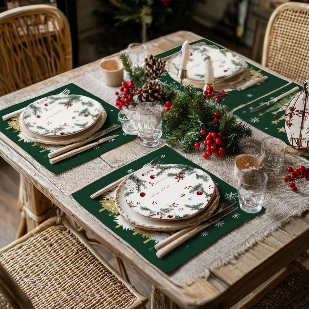 GEEORY Christmas Placemats 12x18 Inch Set of 4, Xmas Trees Snowflakes Winter Seasonal Holiday Farmhouse Kitchen Dining Table Decoration for Indoor Outdoor Dinner Party Décor (Green) GP127-18 GEEORY