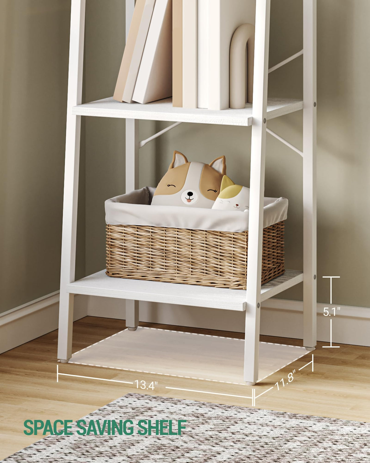 Hzuaneri Ladder Shelf, Bookshelf Bookcase, Freestanding Corner Storage Shelve with 2 Hooks for Home Office, Living Room, Kitchen, Bedroom, Industrial, 5-Tier White BC03213W Hzuaneri