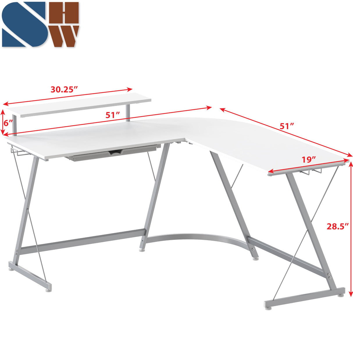 SHW Vista L-Shape Desk with Monitor Stand, White SHW
