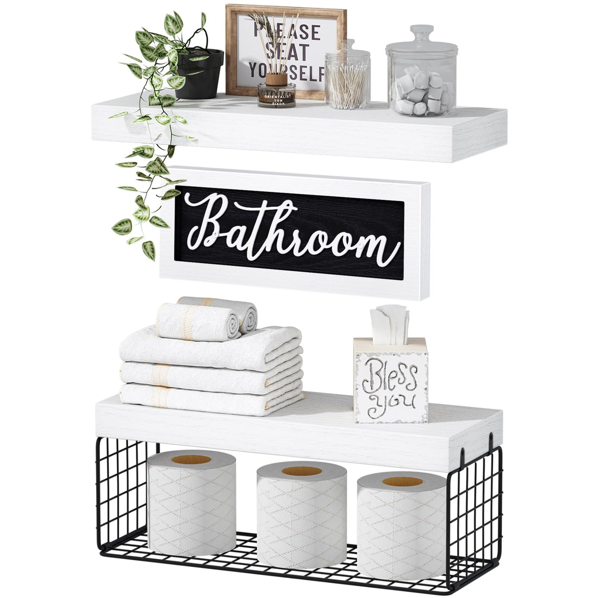 QEEIG ‎Bathroom Shelves Over Toilet - Paper Storage Wall Mounted Farmhouse Decor Decorations Aesthetic Décor Sign Small Floating Shelf 2+1 Set 16 inch, White and Black (020WB) QEEIG