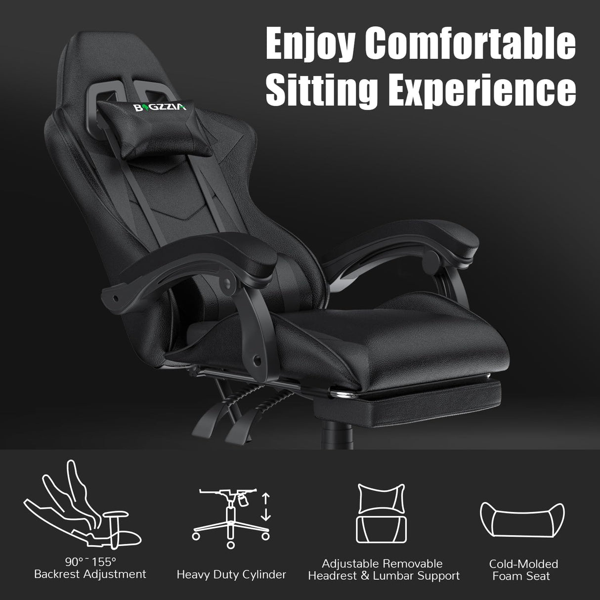 Bigzzia Gaming Chair with Footrest, Ergonomic Game Chairs with Headrest and Lumbar Support, Adjustable Height, Reclining, Racing Style, and 360°Swivel Seat for Computer/Video Game Chair,Black Bigzzia