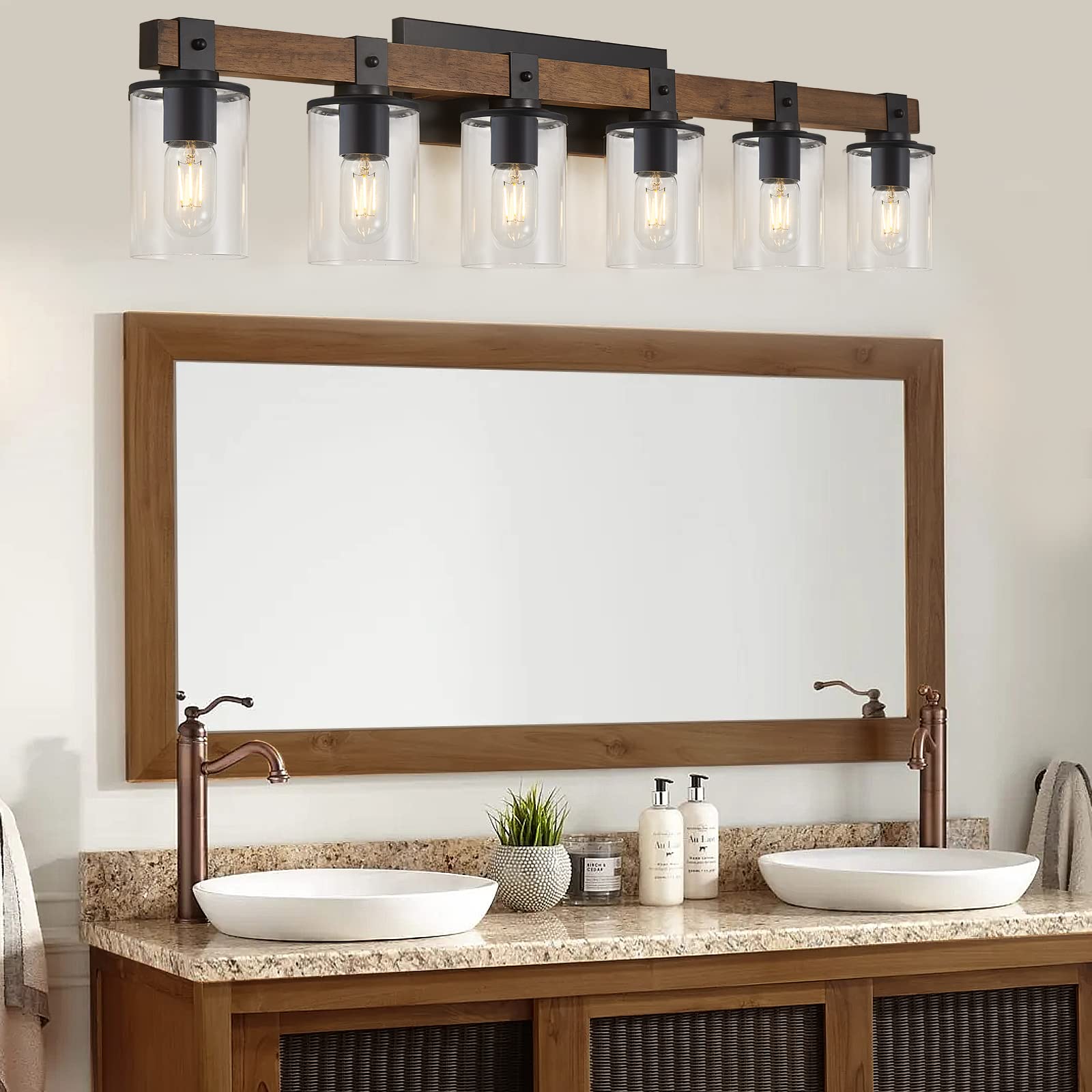 DUJAHMLAND 6-Light Wood Vanity Light,40.5 inch Farmhouse Bathroom Metal Wall Sconce with Cylinder Clear Glass Shade,Industrial Wall Light Fixtures for Hallway,Kitchen,Bedroom(Wood, 6-Light) - WoodArtSupply