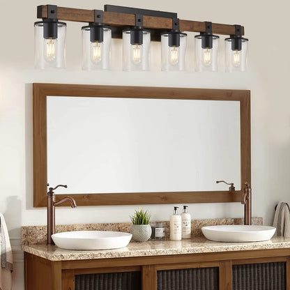 DUJAHMLAND 6-Light Wood Vanity Light,40.5 inch Farmhouse Bathroom Metal Wall Sconce with Cylinder Clear Glass Shade,Industrial Wall Light Fixtures for Hallway,Kitchen,Bedroom(Wood, 6-Light) - WoodArtSupply