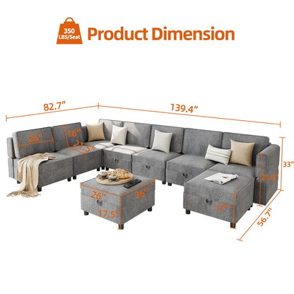 139.4" Chenille Reversible Sectional Sofa with Storage Seats & Ottomans, 9-Seater Modular Sectional Sofa, Comfy Sectional Sleeper Sofa Couch with Chaise, U-Shape Modular Couch, Grey