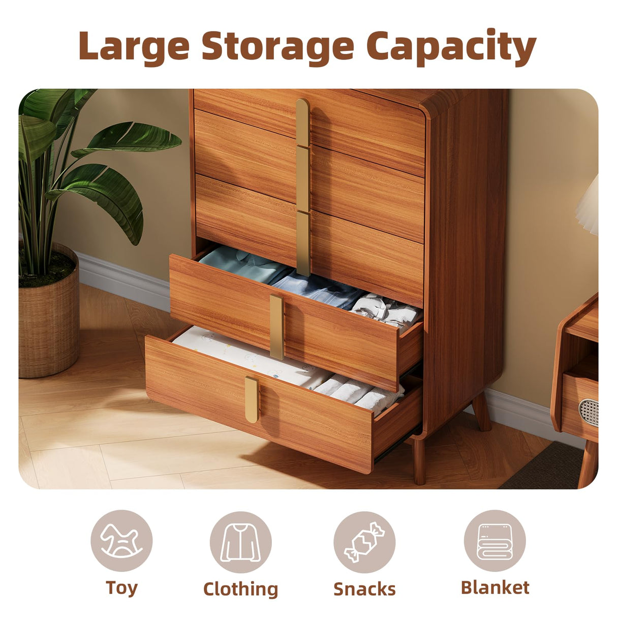 JOINICE,Mid Century Modern Dresser,5 Drawer Dresser with Storage,Chest of Drawers with Metal Handle,Large Wooden Drawer Organizer,Tall Dresser for Bedroom,Living Room,Hallway,Cherry JOINICE