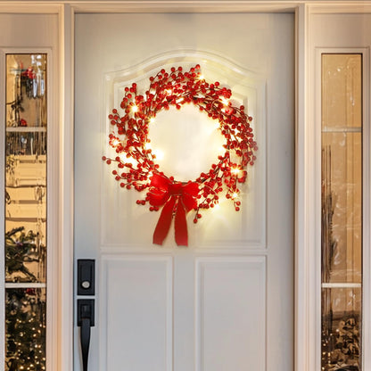 TURNMEON Dual Color Change&Timer 8 Modes Lighted Christmas Wreaths for Front Door, 20 Warm White&Color Lights with Bowknot Artificial Red Berry Christmas Wreath Xmas Winter Wreath Home Holiday 18 Inch