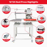 InkSonic 16x24 Inch Large Auto Pneumatic Dual Heat Press Machine, Sliding Side Commercial 40x60cm Heat Press, for DTF & Sublimation Transfer T-Shirt with Infrared Positioning & Movable Stand RocRow