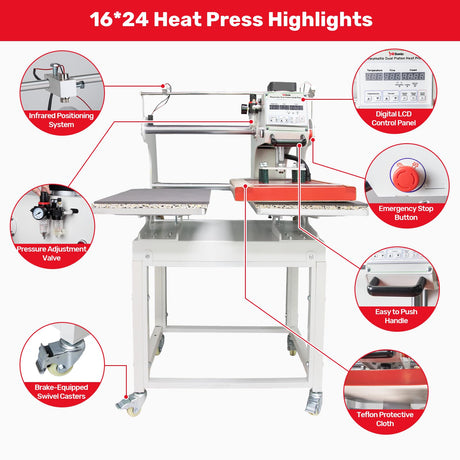 InkSonic 16"x24" Pneumatic Heat Press - 40x60cm Large Format, Sliding Dual Platen | Commercial T-Shirt Press for Sublimation, DTF, HTV | Movable Stand, Infrared Positioning RocRow