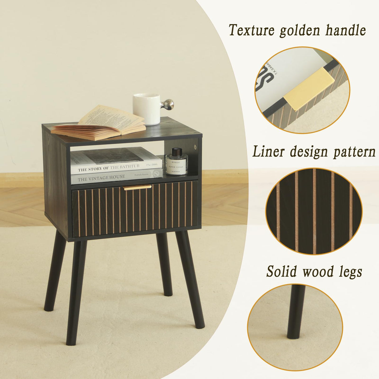 MaxSmeo Black Nightstand with Drawer, Mid Century Modern Bedside Table with Open Shelf Storage, End Table with Solid Wood Legs, Black MaxSmeo