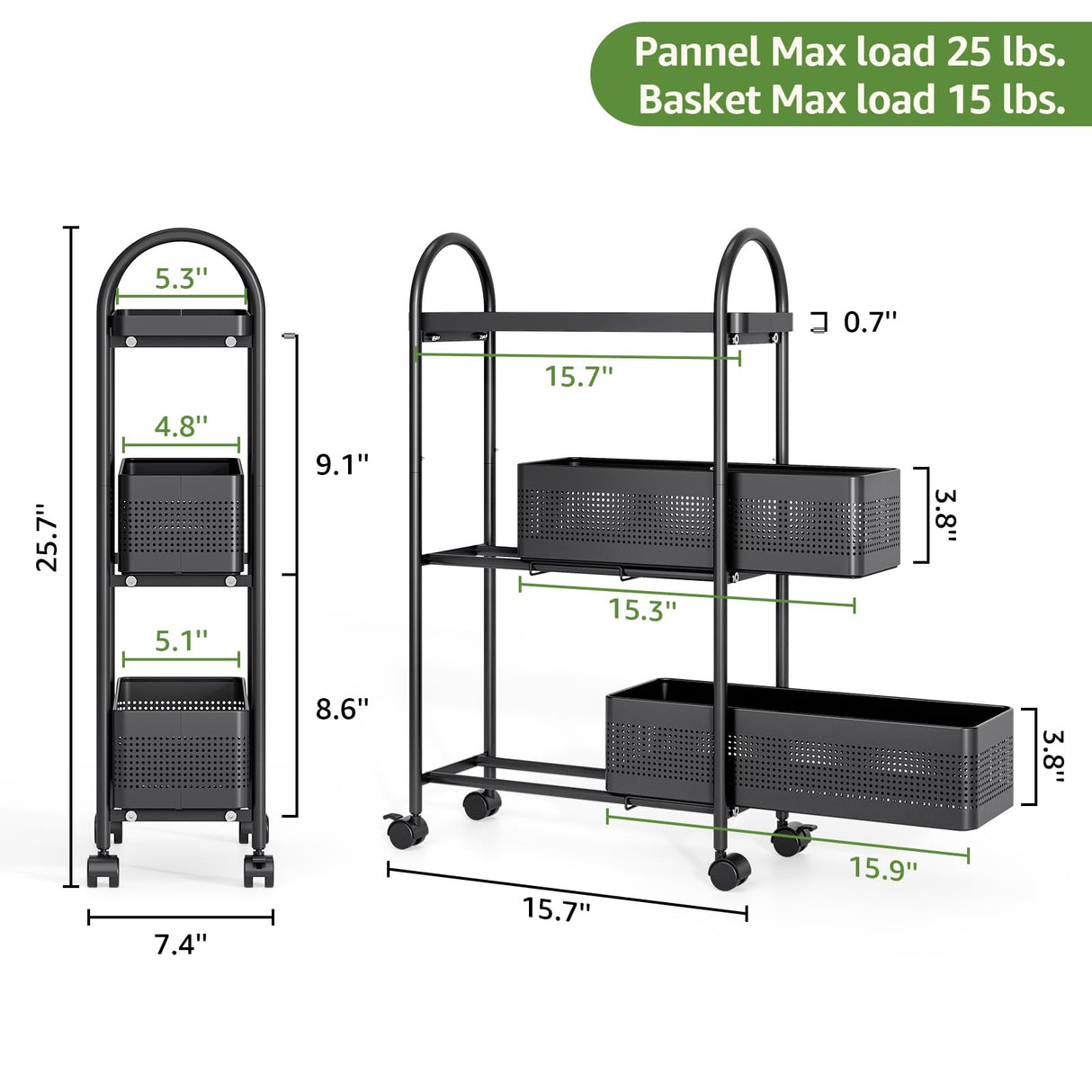 KINGRACK 3-Tier Slim Storage Cart with Pull Out Basket, Rolling Bathroom Organizer Utility, Metal Shelving Unit Slide Out, Lockable Wheels, Easy Assembly for Narrow Place, Kitchen, Laundry Room, Black KINGRACK