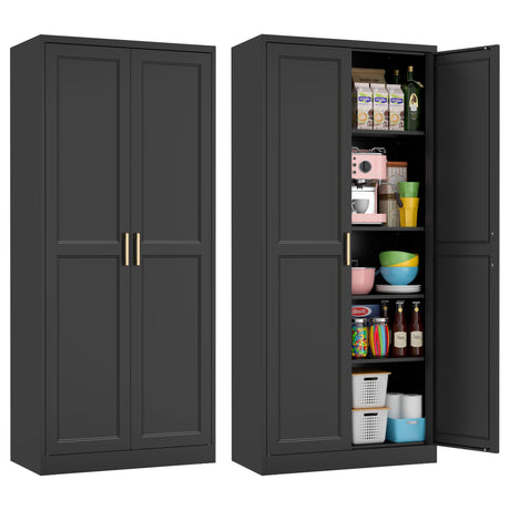 Kubohogar 71" Tall Metal Pantry Cabinet, Black Kitchen Pantry Storage Cabinet with 4 Adjustable Shelves and Gold Handles, Cupboard for Kitchen, Dining Room, Living Room, Bathroom Kubohogar