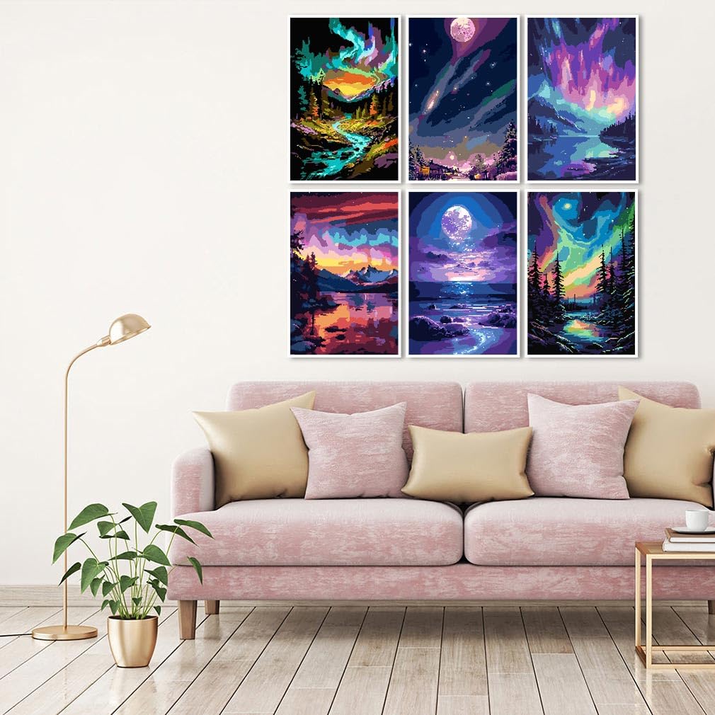 Fuinkqe 6 Pack Paint by Number Kit for Adults Beginner, Polar Lights Moon Landscape DIY Acrylic Painting Paint by Numbers Kits on Canvas for Gift Home Wall Decor 10x14inch Fuinkqe