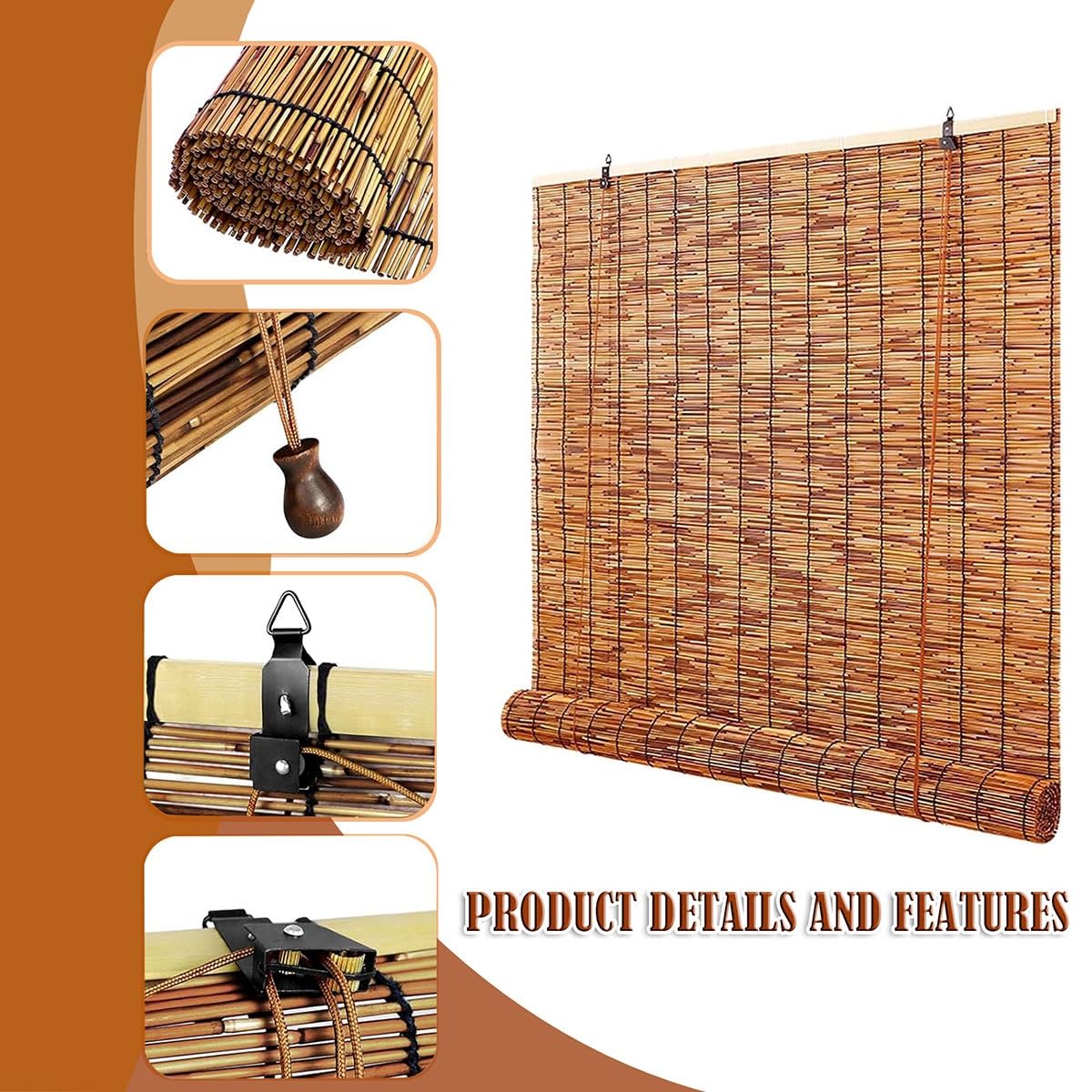 Bamboo Blinds for Interior Windows, Cordless Blackout Roller Shade Privacy Partition Natural Roll-up Reed Shades Retro Outdoor Bamboo Curtain 20 34 38 42 48 50 52 58 60 66 68 70 72 76in(32in x 64in(W KAKVSRBPER